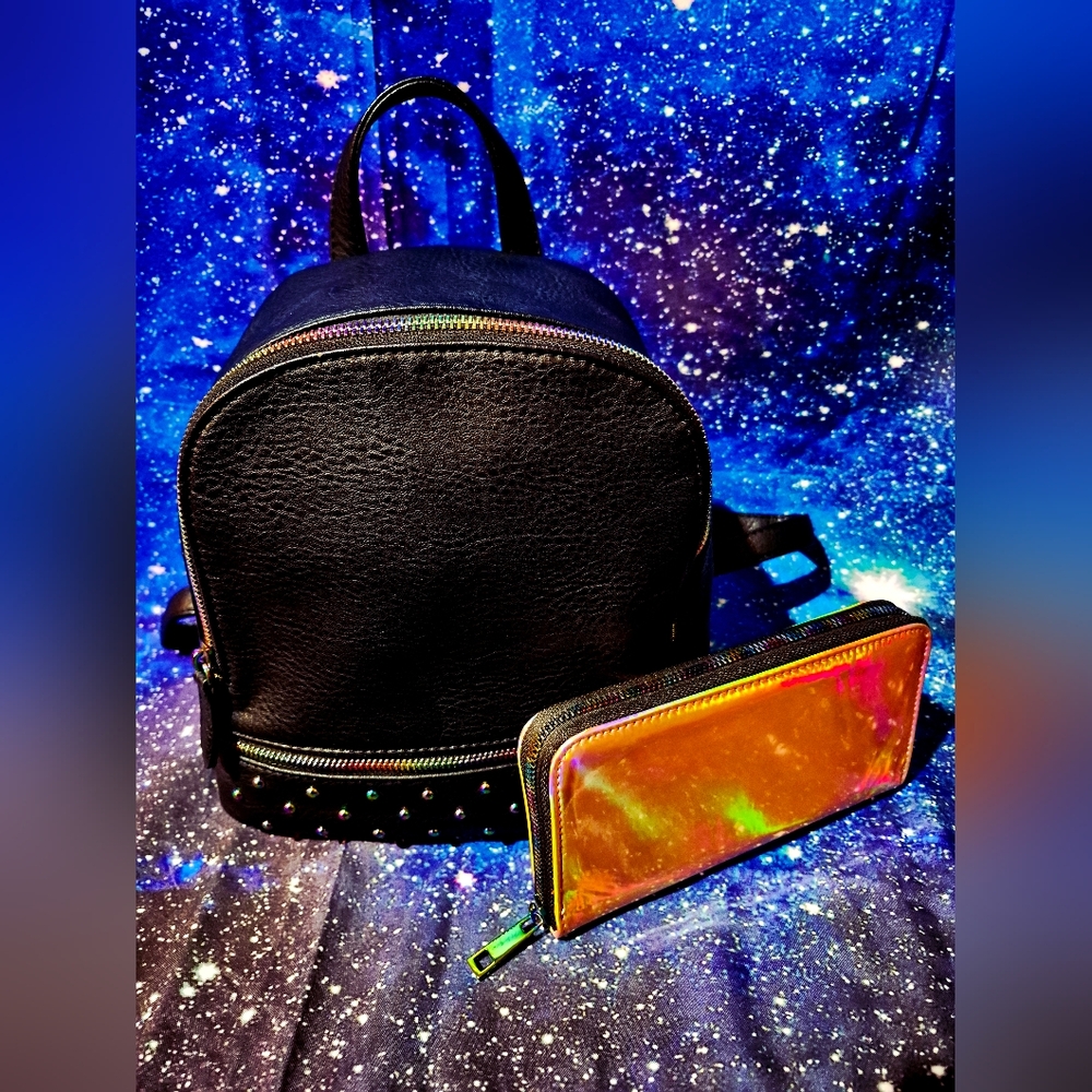 Black Pleather Backpack w/ Rainbow Hardware & Matching Pink Iridescent Wallet!